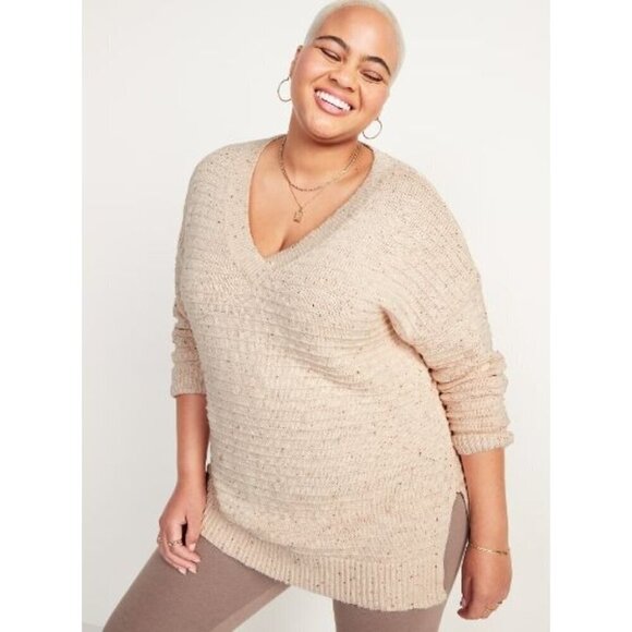 Old Navy Beige Speckled Textured Rib Knit V-Neck Tunic Sweater S - Picture 1 of 6